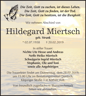 Traueranzeige von Hildegard Miertsch von Mitteldeutsche Zeitung Köthen