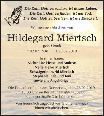 Traueranzeige von Hildegard Miertsch von WVG - Wochenspiegel Dessau / Köthen
