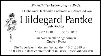Traueranzeige von Hildegard Pantke von Mitteldeutsche Zeitung Dessau-Roßlau