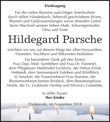 Traueranzeige von Hildegard Parsche von WVG - Wochenspiegel Quedlinburg
