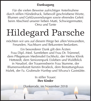 Traueranzeige von Hildegard Parsche von Mitteldeutsche Zeitung Quedlinburg
