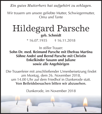 Traueranzeige von Hildegard Parsche von Mitteldeutsche Zeitung Quedlinburg