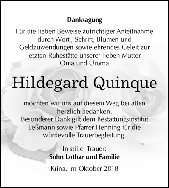 Traueranzeige von Hildegard Quinque von Mitteldeutsche Zeitung Bitterfeld