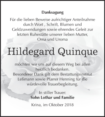 Traueranzeige von Hildegard Quinque von WVG - Wochenspiegel Bitterfeld