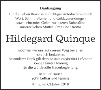 Traueranzeige von Hildegard Quinque von WVG - Wochenspiegel Bitterfeld
