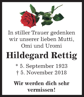 Traueranzeige von Hildegard Rettig von Mitteldeutsche Zeitung Weißenfels