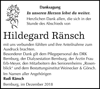 Traueranzeige von Hildegard Ränsch von Mitteldeutsche Zeitung Bernburg