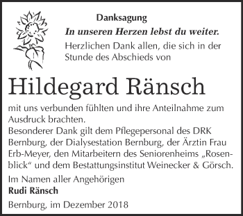 Traueranzeige von Hildegard Ränsch von Super Sonntag Bernburg
