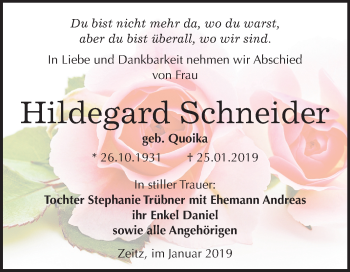 Traueranzeige von Hildegard Schneider von Mitteldeutsche Zeitung Zeitz