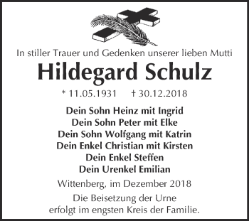 Traueranzeige von Hildegard Schulz von WVG - Wochenspiegel Wittenberg