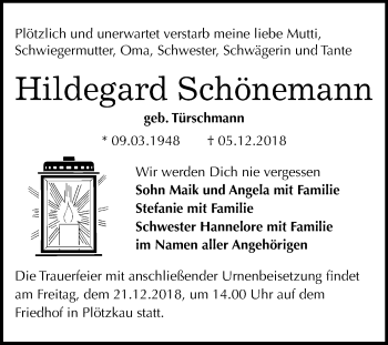 Traueranzeige von Hildegard Schönemann von Mitteldeutsche Zeitung Bernburg