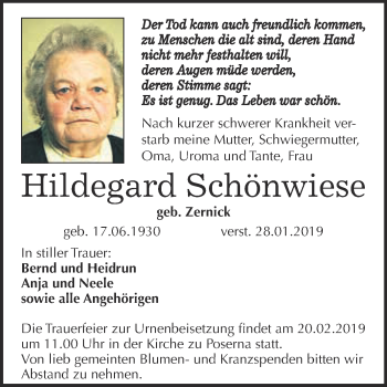 Traueranzeige von Hildegard Schönwiese von WVG - Wochenspiegel NMB / WSF / ZTZ