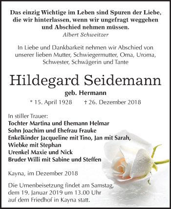 Traueranzeige von Hildegard Seidemann von Mitteldeutsche Zeitung Zeitz