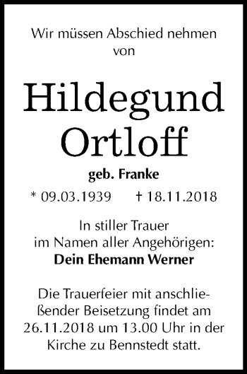 Traueranzeige von Hildegund Ortloff von Mitteldeutsche Zeitung Halle/Saalkreis