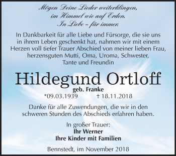 Traueranzeige von Hildegund Ortloff von Mitteldeutsche Zeitung Halle/Saalkreis