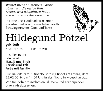 Traueranzeige von Hildegund Pötzel von WVG - Wochenspiegel Merseburg