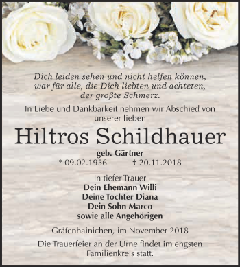 Traueranzeige von Hiltros Schildhauer von WVG - Wochenspiegel Wittenberg