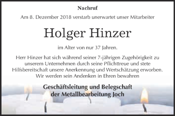 Traueranzeige von Holger Hinzer von WVG - Wochenspiegel Bitterfeld