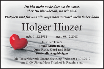 Traueranzeige von Holger Hinzer von Mitteldeutsche Zeitung Bitterfeld
