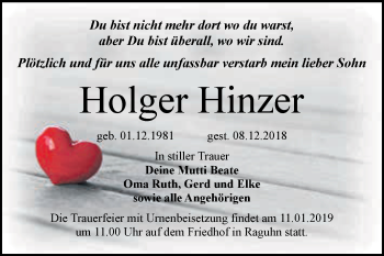 Traueranzeige von Holger Hinzer von WVG - Wochenspiegel Bitterfeld