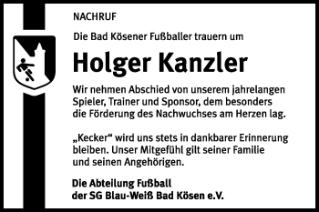 Traueranzeige von Holger Kanzler von Mitteldeutsche Zeitung Naumburg/Nebra