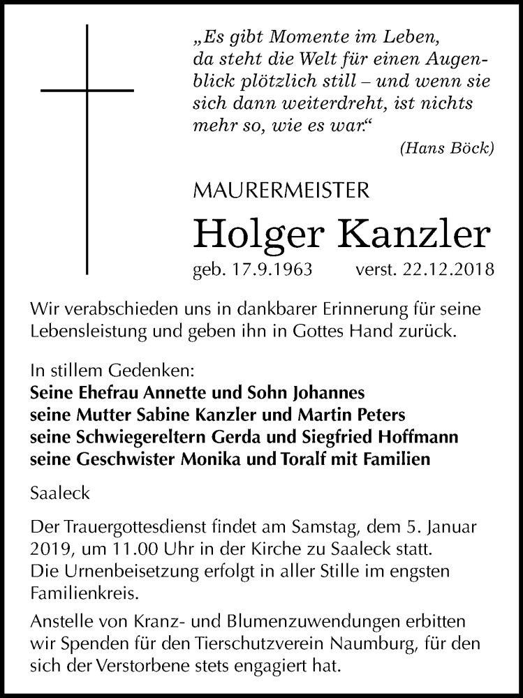  Traueranzeige für Holger Kanzler vom 29.12.2018 aus Mitteldeutsche Zeitung Naumburg/Nebra