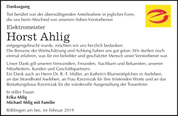 Traueranzeige von Horst Ahlig von Super Sonntag SGH Mansf. Land