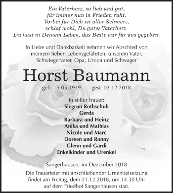 Traueranzeige von Horst Baumann von Super Sonntag SGH Mansf. Land