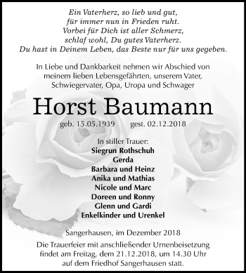 Traueranzeige von Horst Baumann von Mitteldeutsche Zeitung Sangerhausen
