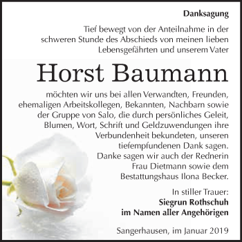 Traueranzeige von Horst Baumann von Super Sonntag SGH Mansf. Land