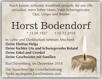 Traueranzeige von Horst Bodendorf von Super Sonntag Merseburg