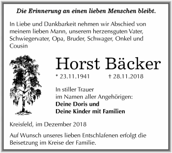 Traueranzeige von Horst Bäcker von Wochenspiegel Mansfelder Land