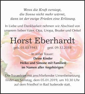 Traueranzeige von Horst Eberhardt von WVG - Wochenspiegel Quedlinburg