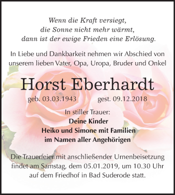 Traueranzeige von Horst Eberhardt von Mitteldeutsche Zeitung Quedlinburg