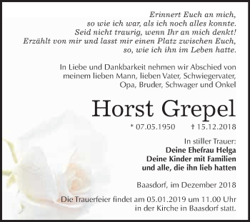 Traueranzeige von Horst Grepel von WVG - Wochenspiegel Dessau / Köthen