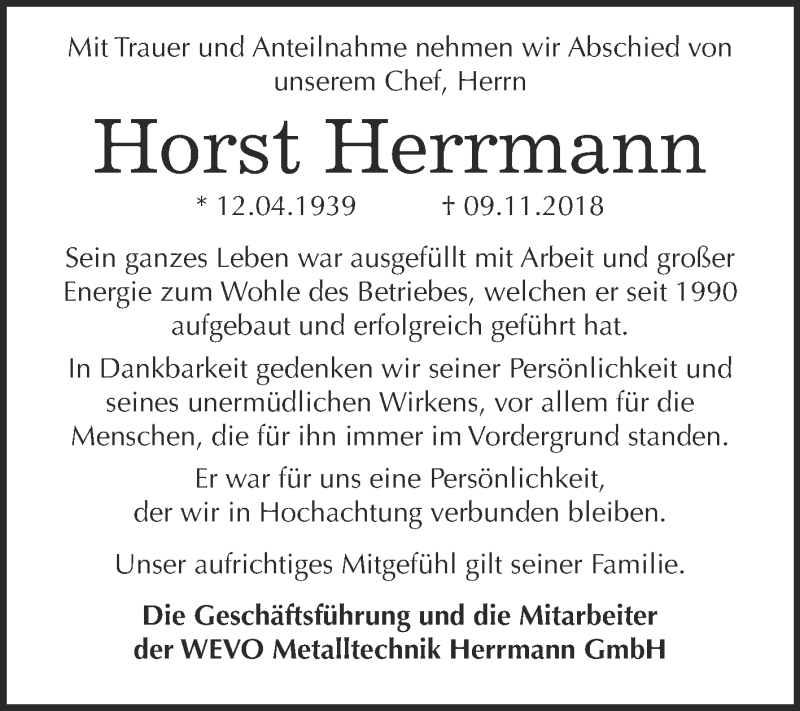  Traueranzeige für Horst Herrmann vom 17.11.2018 aus Super Sonntag Dessau / Köthen