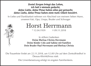 Traueranzeige von Horst Herrmann von WVG - Wochenspiegel Dessau / Köthen