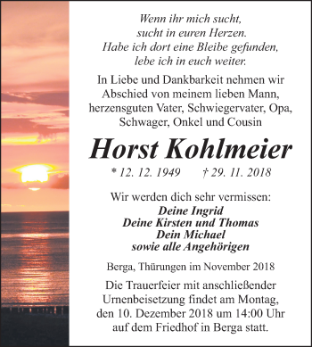 Traueranzeige von Horst Kohlmeier von Mitteldeutsche Zeitung Sangerhausen