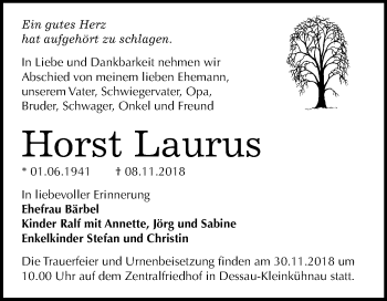 Traueranzeige von Horst Laurus von Mitteldeutsche Zeitung Dessau-Roßlau