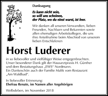 Traueranzeige von Horst Luderer von Mitteldeutsche Zeitung Aschersleben