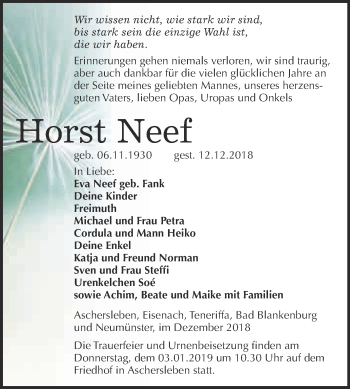 Traueranzeige von Horst Neef von Super Sonntag Aschersleben
