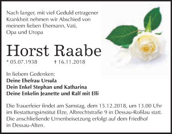 Traueranzeige von Horst Raabe von WVG - Wochenspiegel Dessau / Köthen