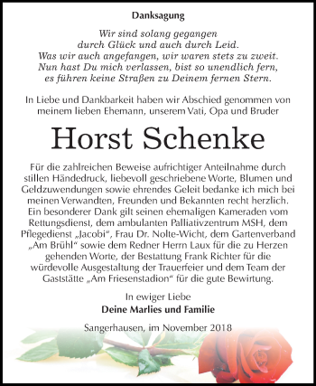 Traueranzeige von Horst Schenke von Mitteldeutsche Zeitung Sangerhausen