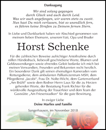 Traueranzeige von Horst Schenke von Super Sonntag SGH Mansf. Land