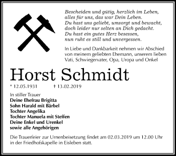 Traueranzeige von Horst Schmidt von Mitteldeutsche Zeitung Mansfelder Land