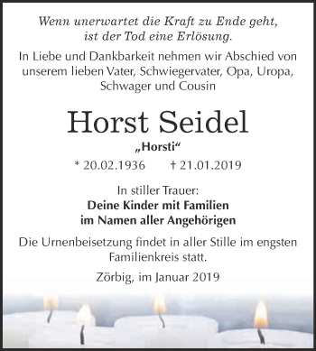 Traueranzeige von Horst Seidel von WVG - Wochenspiegel Bitterfeld