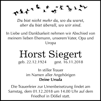 Traueranzeige von Horst Siegert von Mitteldeutsche Zeitung Halle/Saalkreis