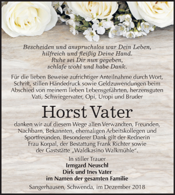 Traueranzeige von Horst Vater von Mitteldeutsche Zeitung Sangerhausen