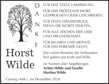 Traueranzeige von Horst Wilde von Super Sonntag Wittenberg