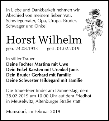 Traueranzeige von Horst Wilhelm von Mitteldeutsche Zeitung Zeitz